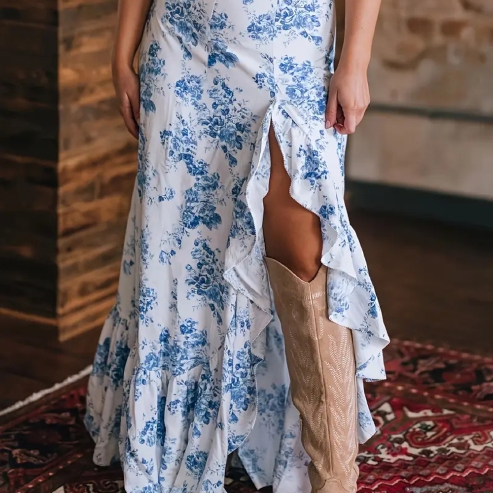 Floral Blue and White Maxi Skirt